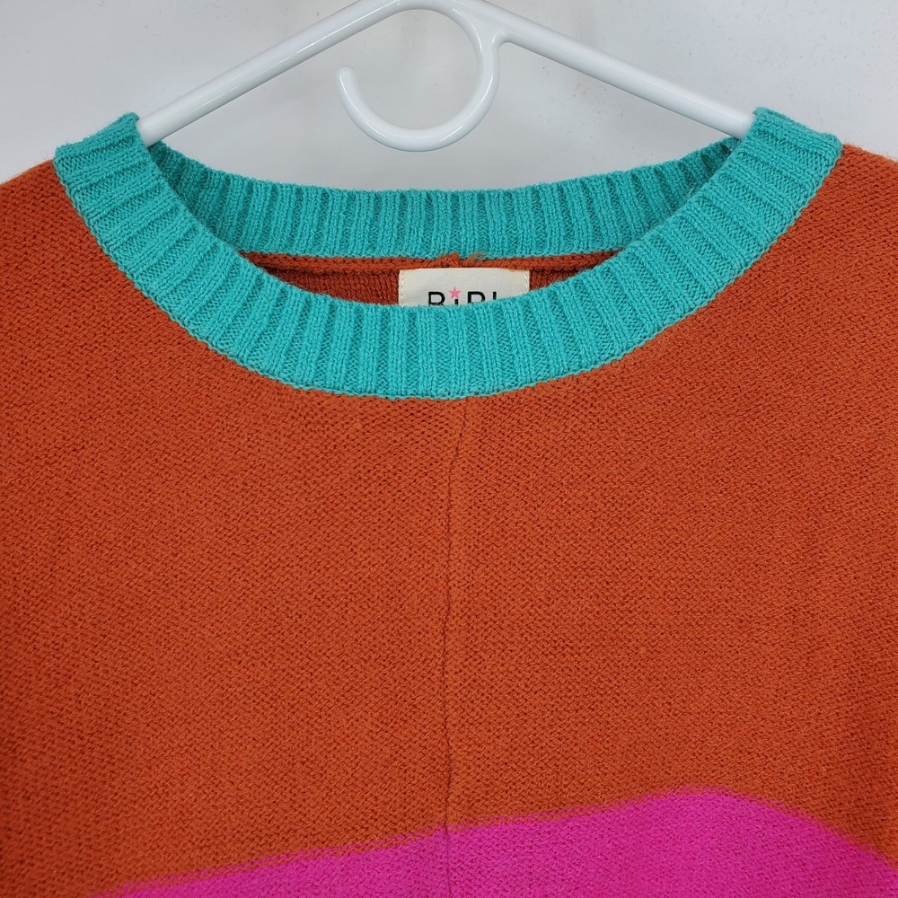 BIBI Colorblock Sweater Orange Pink Teal Crew Neck Long Sleeve Knit Top Size S - Picture 7 of 8